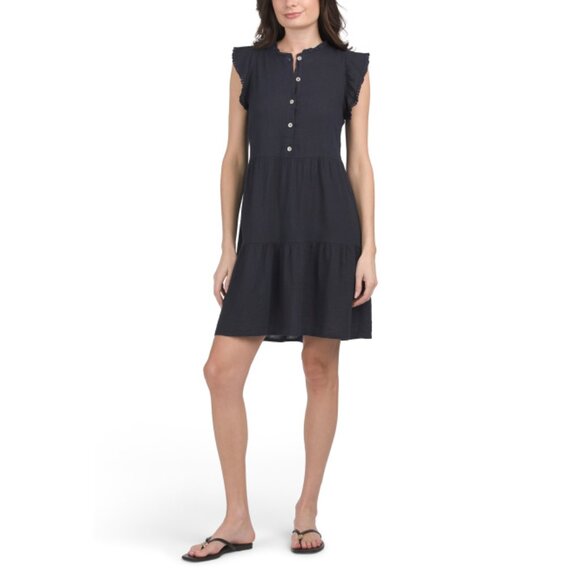 VALENTINA NALDI Italy Linen Blend Ruffle Trim Mini Dress With Buttons - Picture 1 of 2